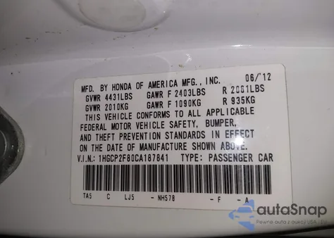 2012 Honda Accord 2.4 Ex-L из США, поврежденный, VIN 1HGCP2F80CA187841